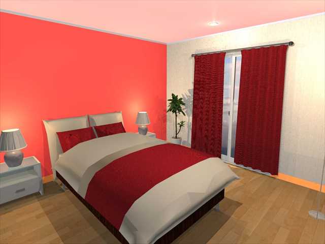 赤色を基調色にした寝室